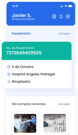 Pantalla de un celular con la aplicación de Angeles Digital Pacientes, mostrando el ejemplo de la cita de un paciente para una cirugía